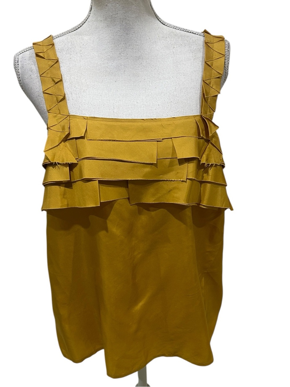J. Crew Mustard 100% silk Ruffle trim blouse with Straps size 10